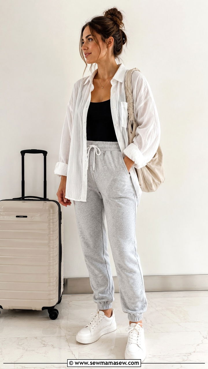 Oversized button down over nursing tank and joggers - 20 Outfit ideas for belly after C section