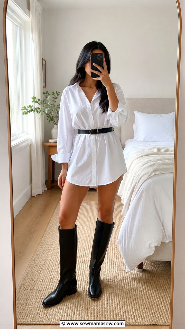 Oversized button down shirt as a dress with knee high boots - 25 Petite outfit ideas affordable