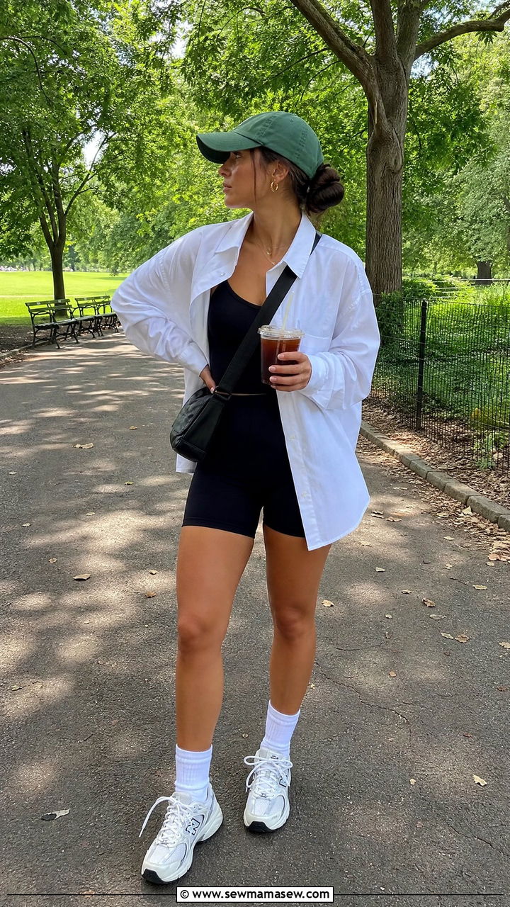 Oversized button down shirt with bike shorts - 30 Muggy weather outfit ideas