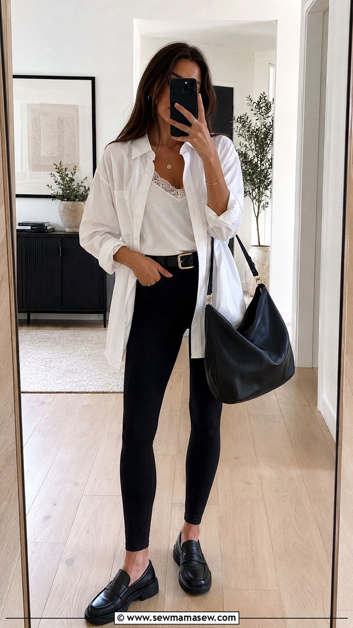 Oversized button down shirt with leggings and loafers - 30 Grandma chic outfit ideas