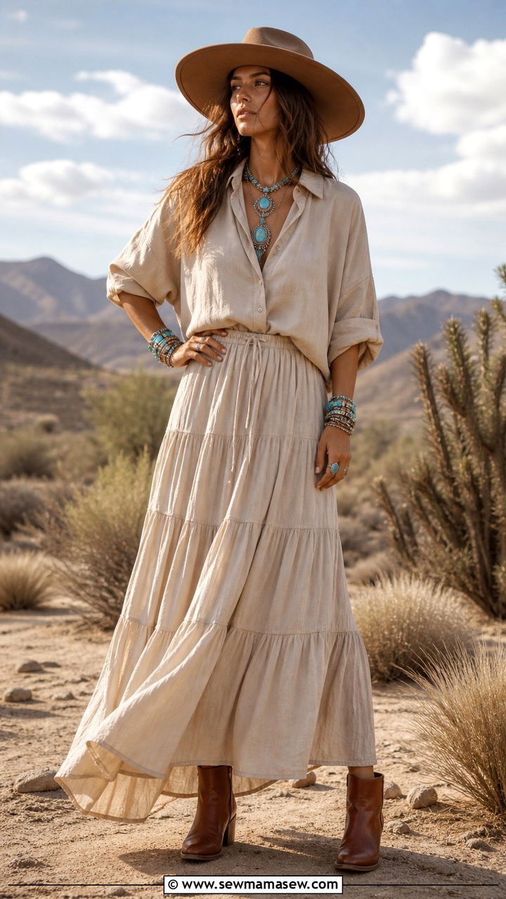 Oversized button down tucked into a maxi skirt with a wide brim hat - 40 Oversized button down outfit ideas