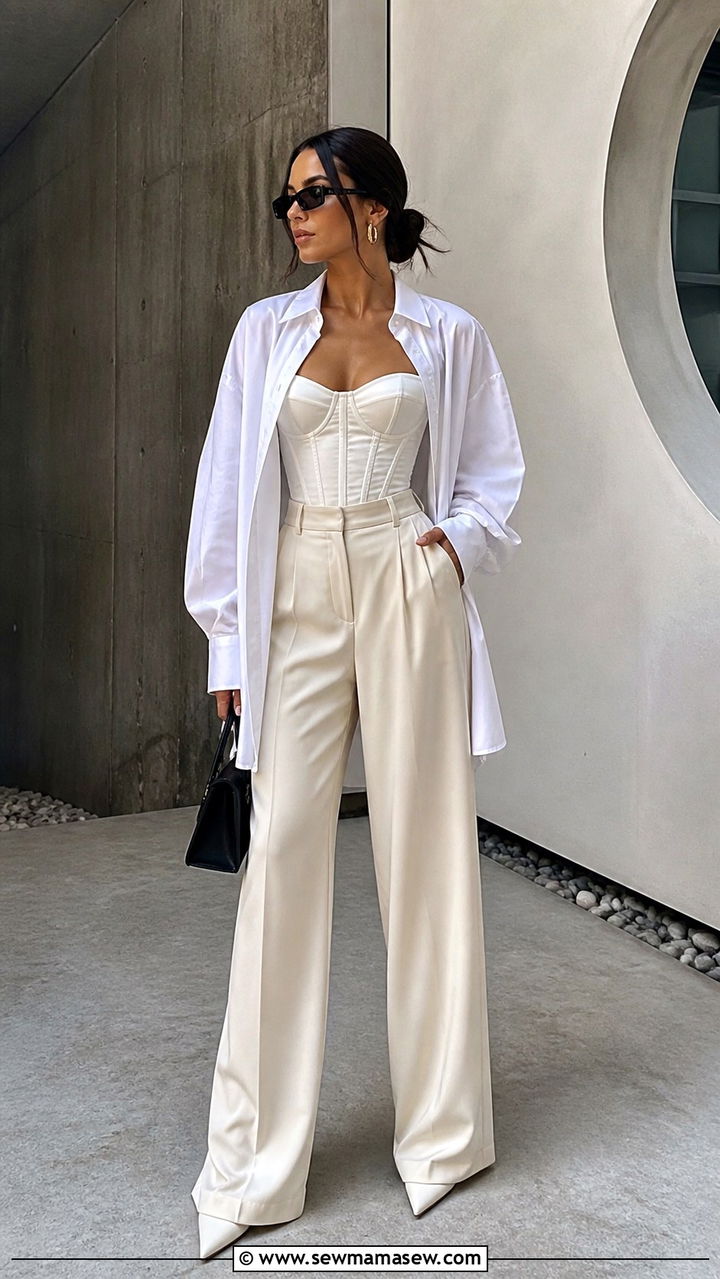 Oversized button down with a corset top layered on top and wide leg pants - 40 Oversized button down outfit ideas