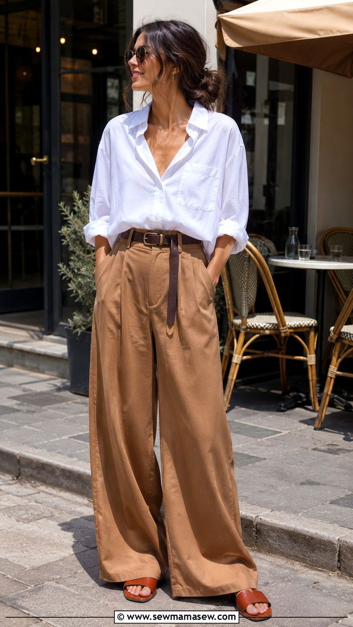 Oversized button down with belted wide leg pants outfit - 30 Outfit ideas for athletic body