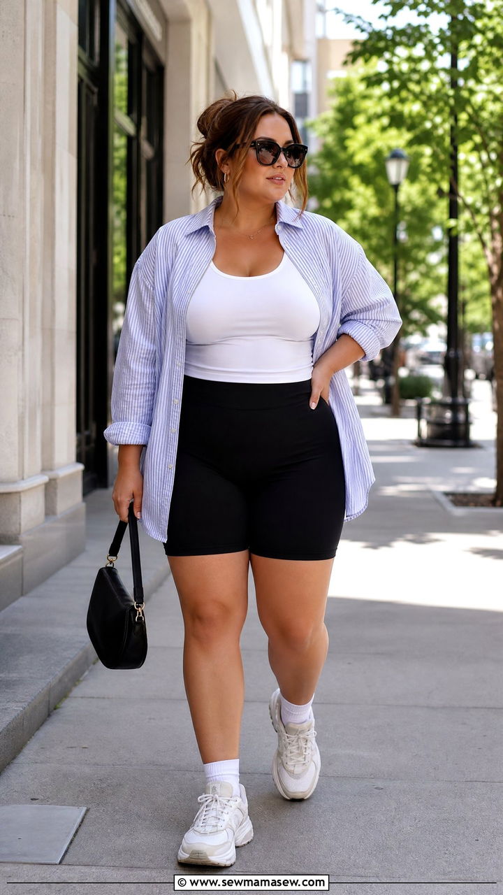Oversized button down with biker shorts - 25 casual outfits for apple shaped body