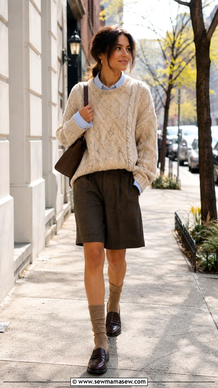 Oversized cable knit sweater with Bermuda shorts and loafers - 20 Eclectic grandpa outfit ideas 2026