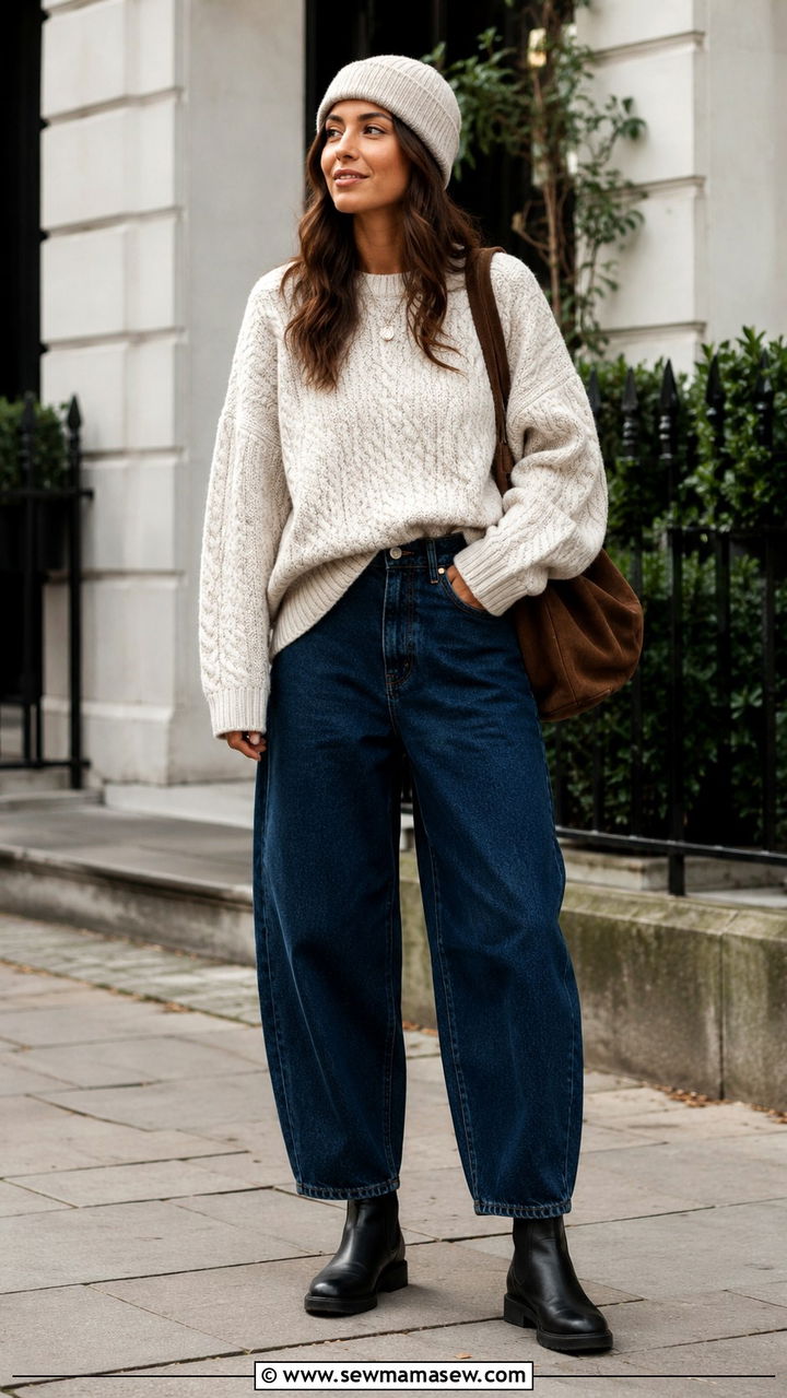 Oversized cable knit sweater with barrel jeans and Chelsea boots - 25 Barrel jeans outfit ideas with a sweater
