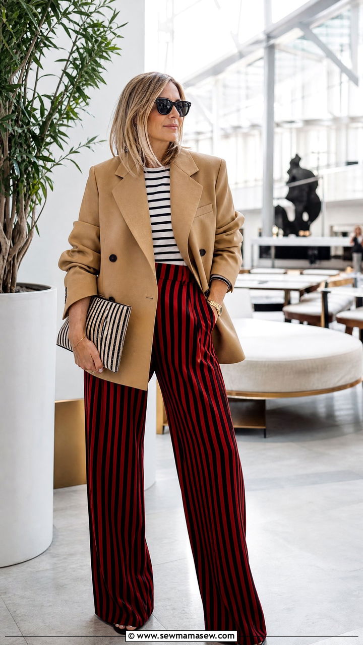 Oversized camel blazer and striped trousers - 35 Mature woman outfit ideas