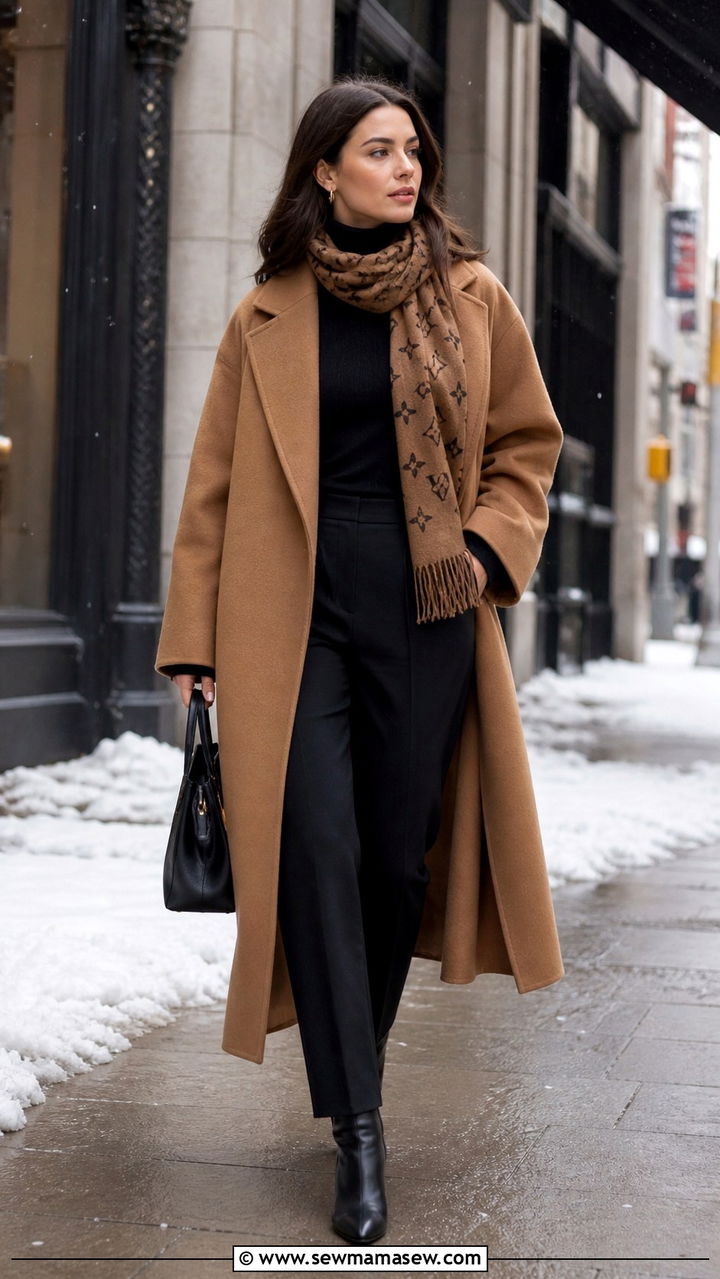 Oversized camel coat with all black outfit - 40 Business trip outfit ideas