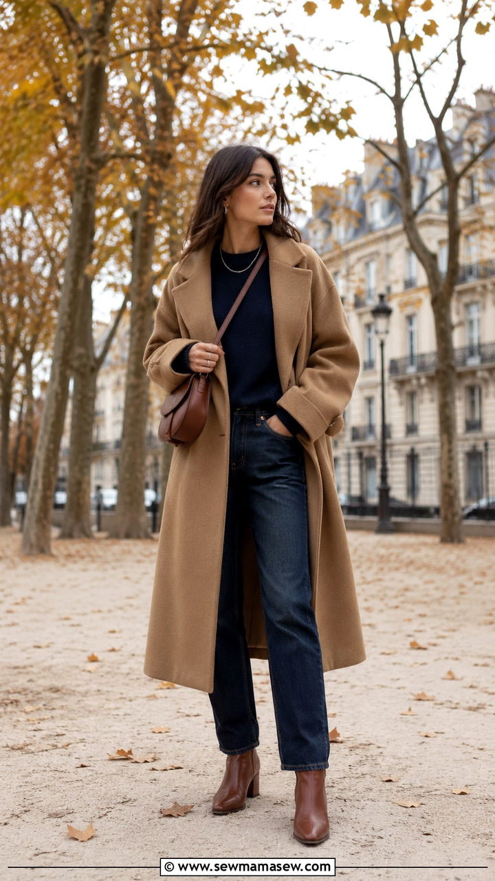 Oversized camel coat with navy knit and jeans - 30 minimalist outfits for women