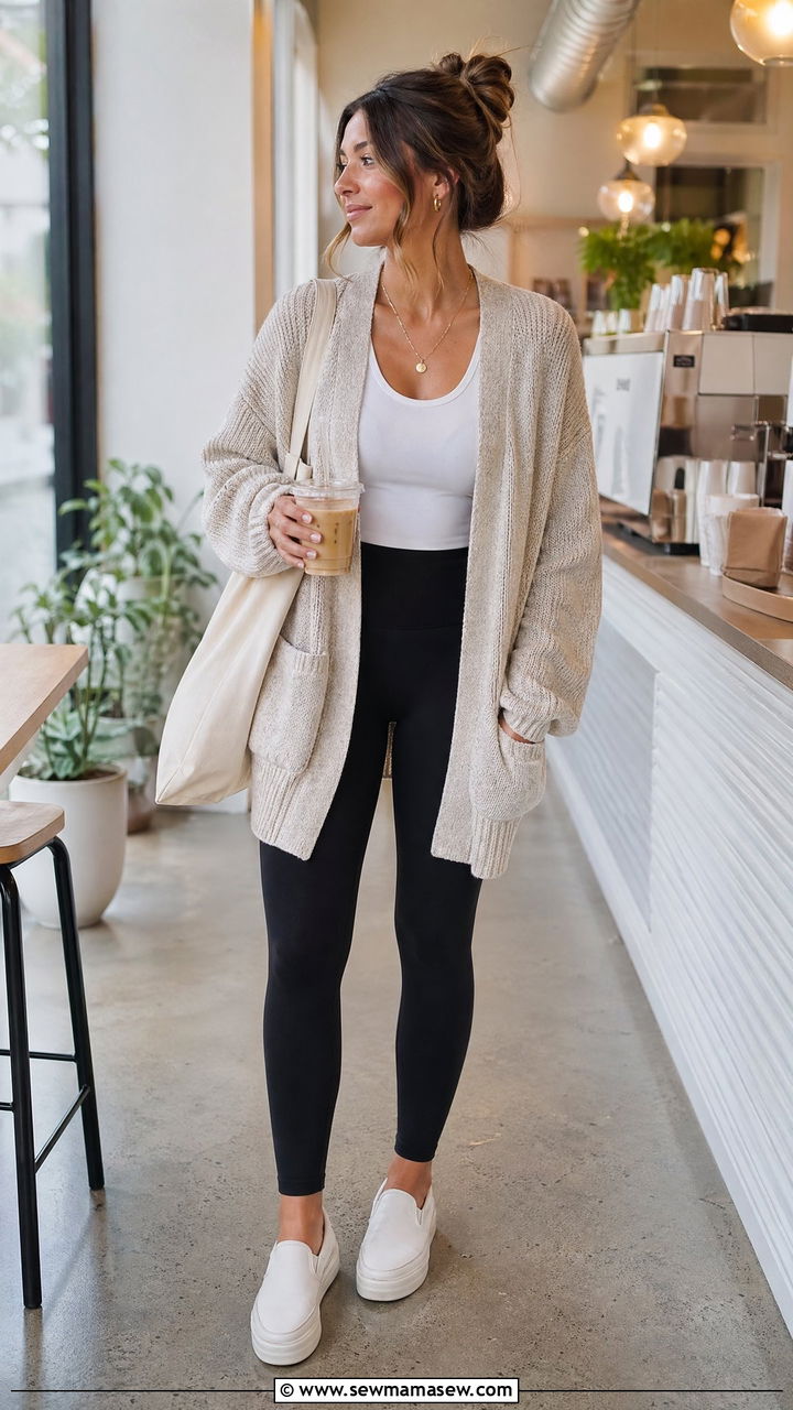 Oversized cardigan and leggings comfy outfit - 35 First day of college outfit ideas