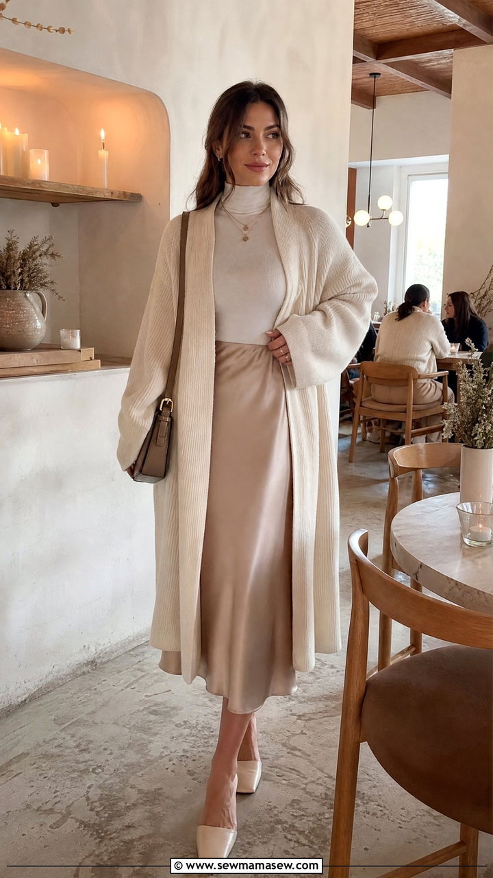 Oversized cardigan and slip midi skirt - 30 modest brunch outfit ideas