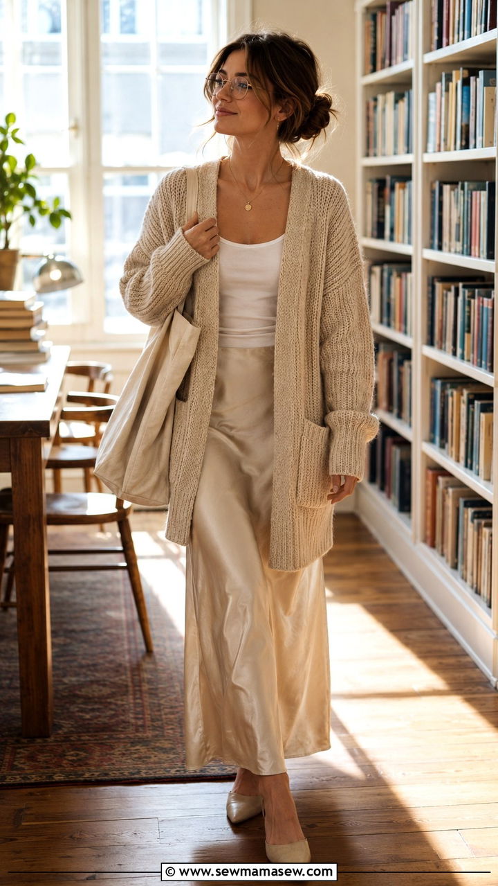 Oversized cardigan and slip skirt outfit - 30 librarian core outfits ideas