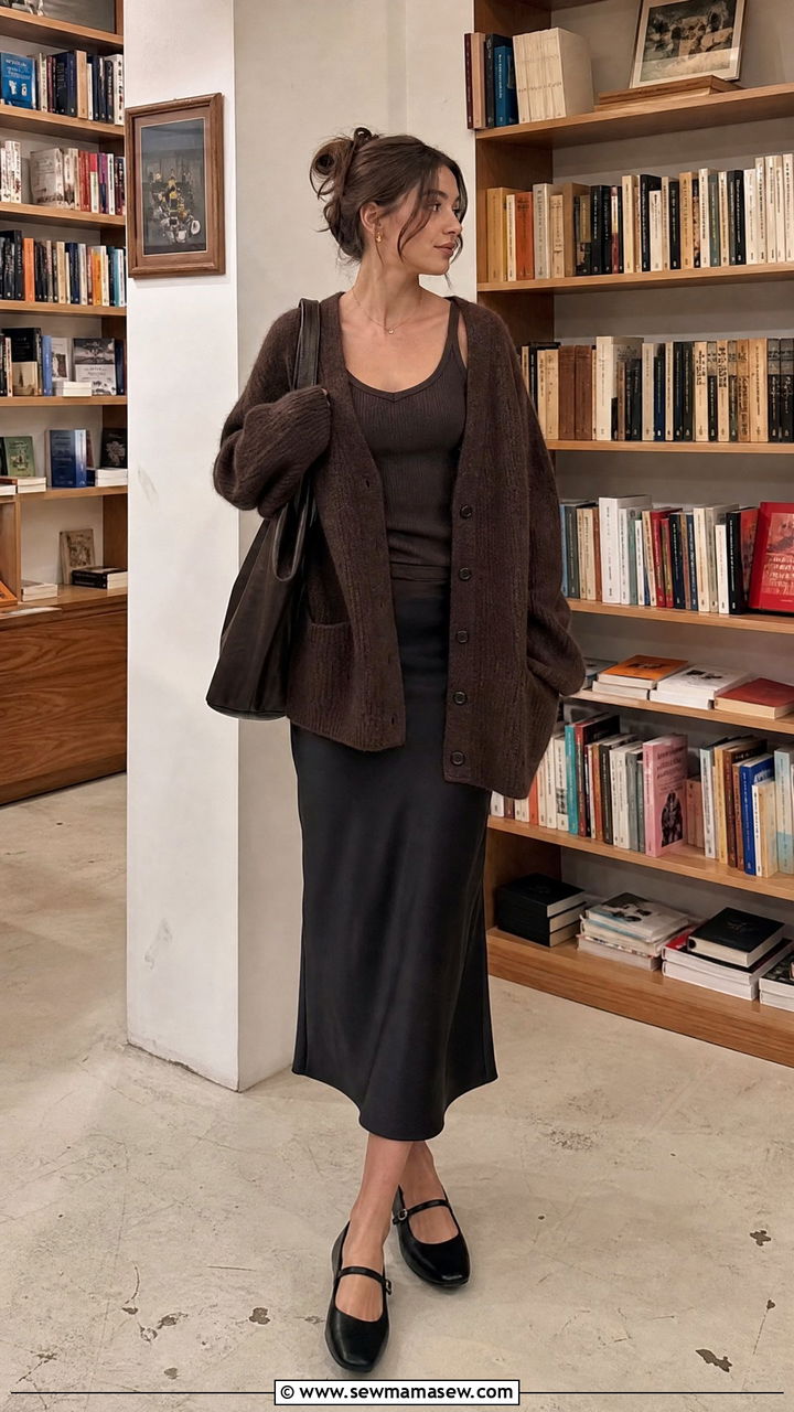 Oversized cardigan and slip skirt - 25 classy dark academia outfits