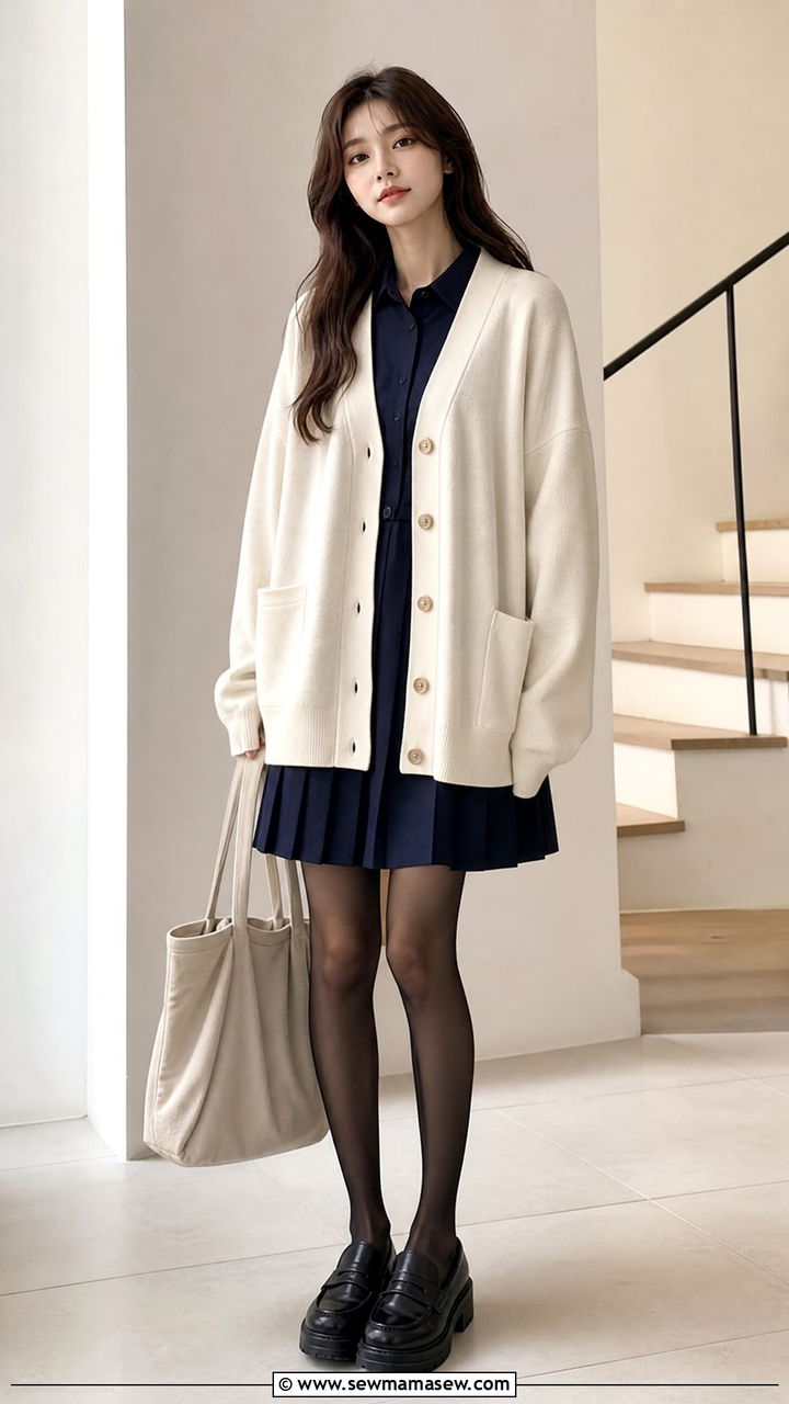 Oversized cardigan buttoned up with uniform dress and loafers outfit - 30 School uniform hacks outfit ideas
