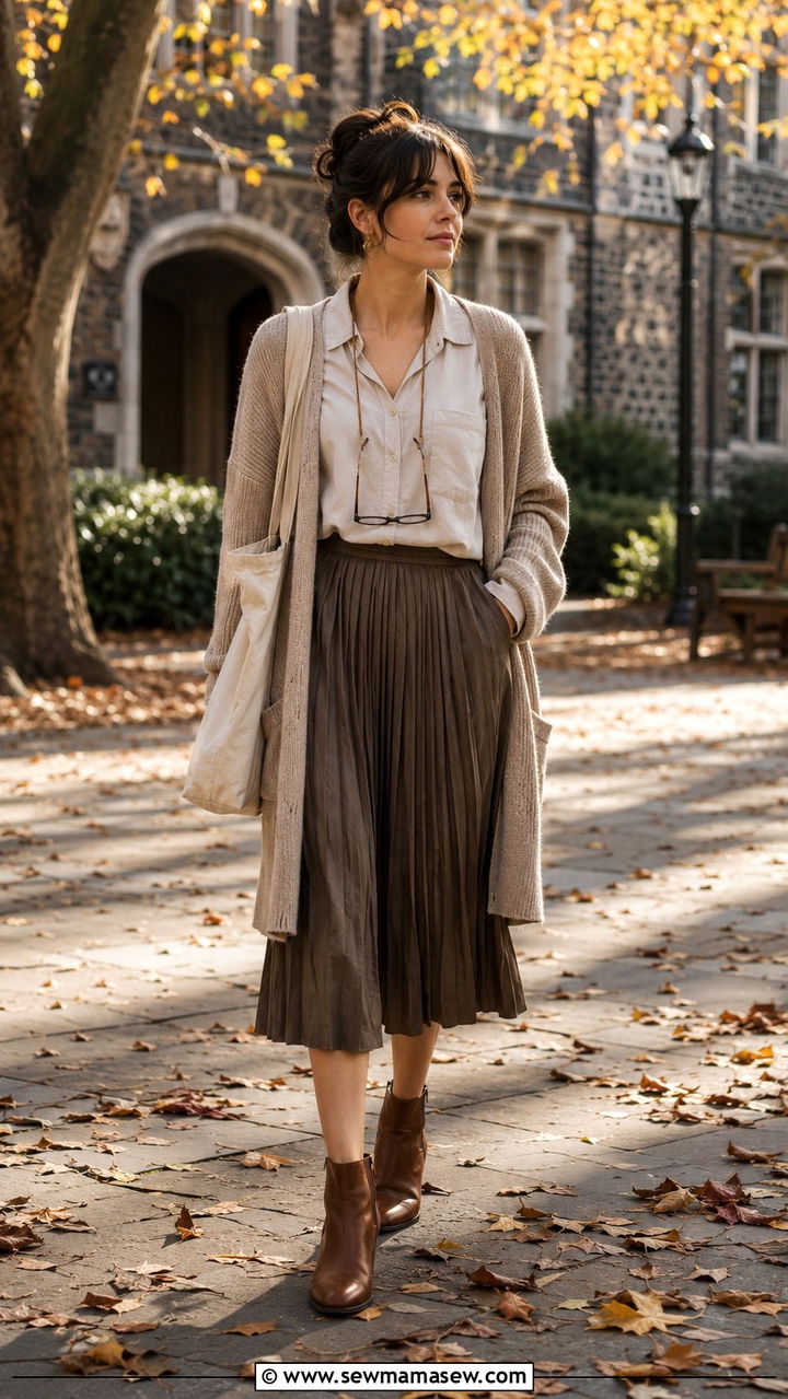 Oversized cardigan over linen button up and pleated midi skirt - 25 Poetcore outfit ideas college professor aesthetic