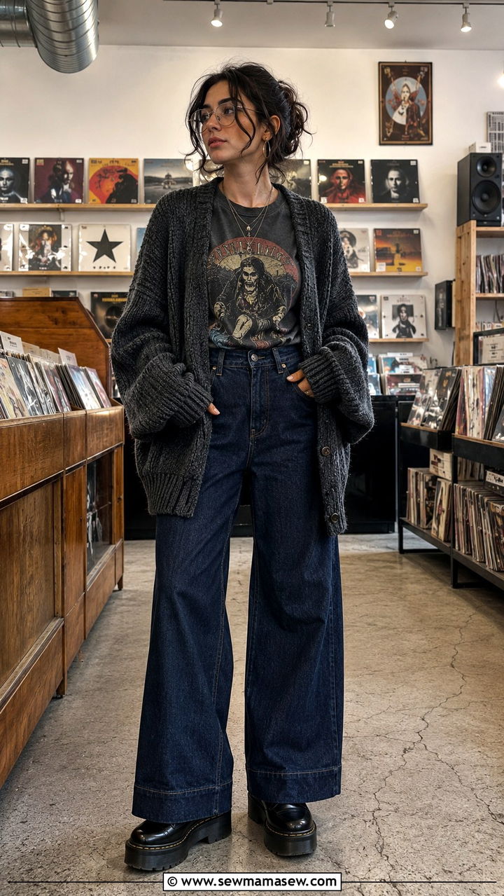 Oversized cardigan with band tee and wide leg jeans - 30 grunge outfits to copy
