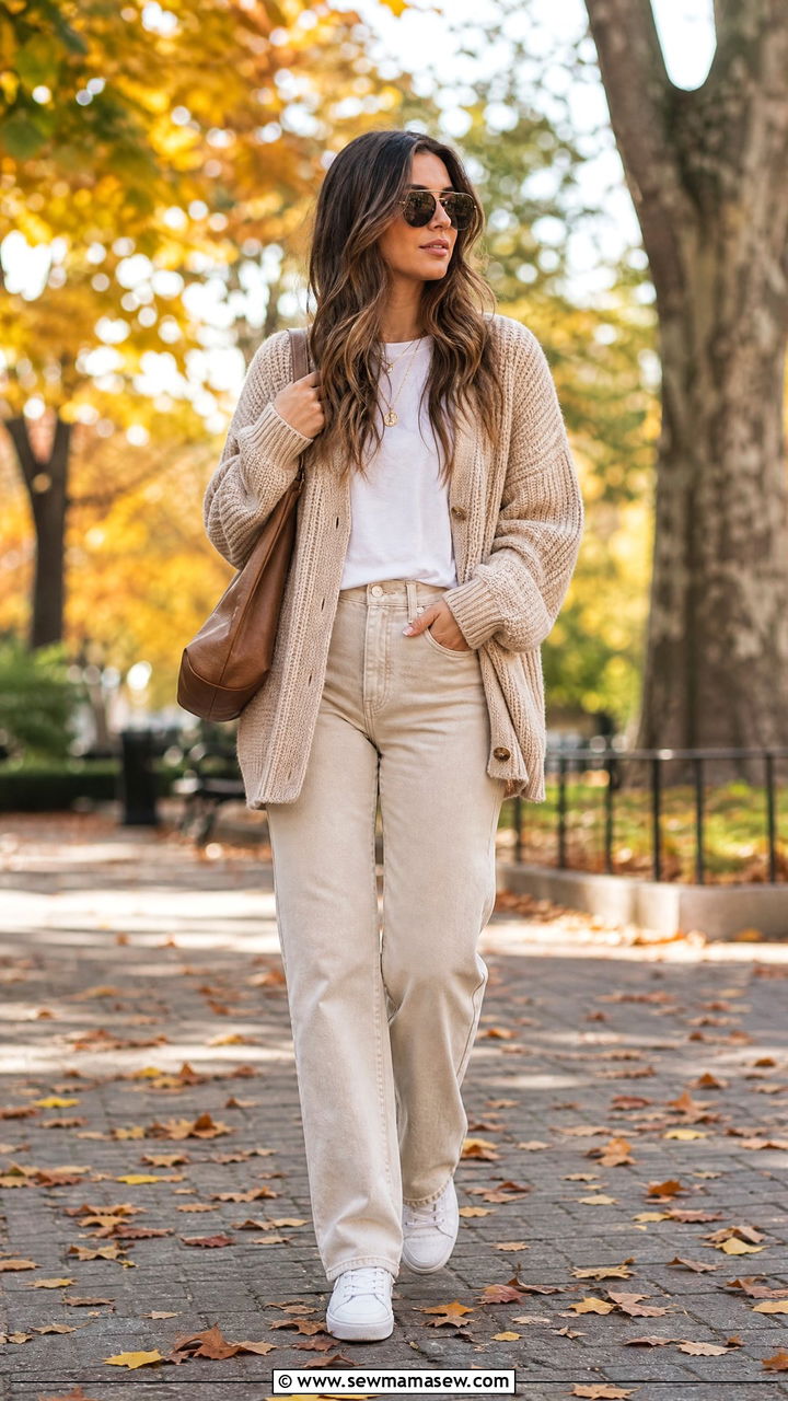Oversized cardigan with beige jeans outfit - 25 Outfit ideas for women over 40 casual 2026