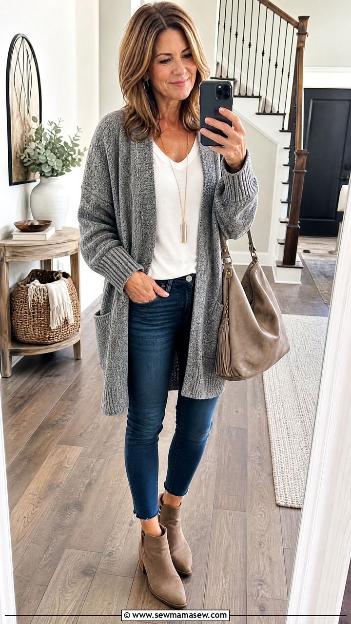 Oversized cardigan with cropped skinny jeans - 35 Jeans outfit ideas for women over 40