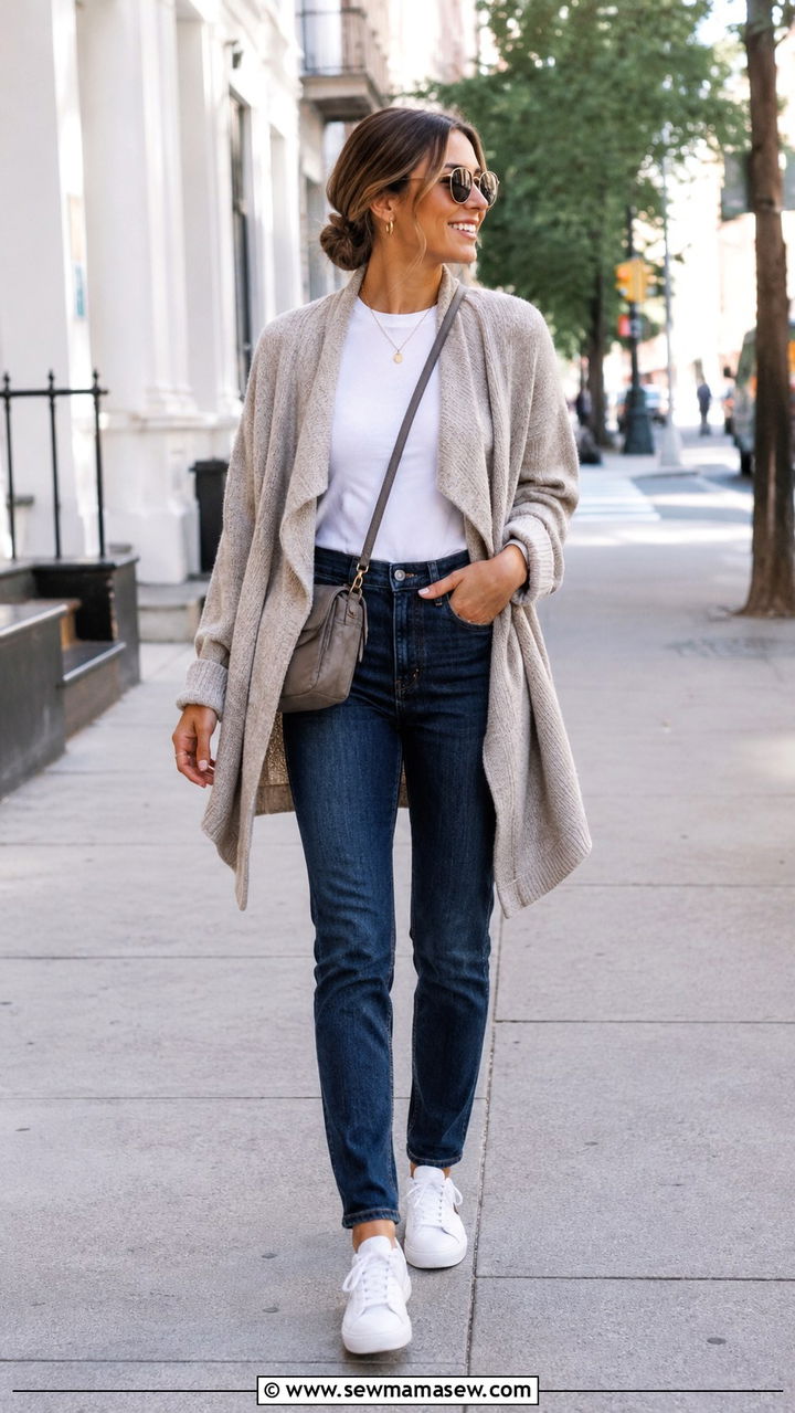Oversized cardigan with high waisted slim straight jeans - 30 High waisted jeans outfit ideas with a cardigan