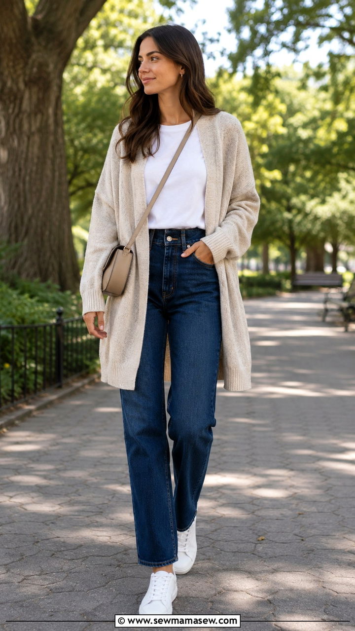 Oversized cardigan with high waisted straight leg jeans - 30 High waisted jeans outfit ideas with a cardigan