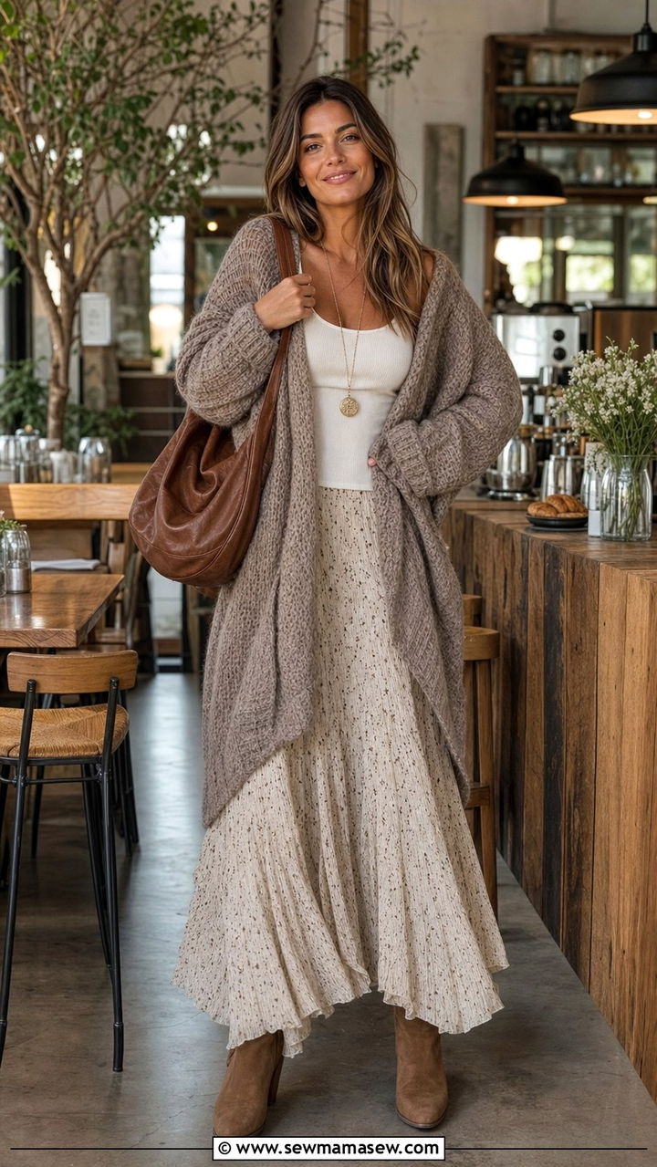 Oversized cardigan with maxi skirt brunch look tall women - 35 Brunch outfits for tall women