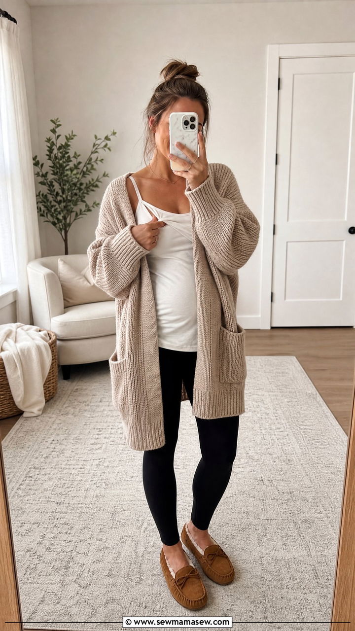 Oversized cardigan with nursing cami outfit - 25 Nursing friendly outfit ideas