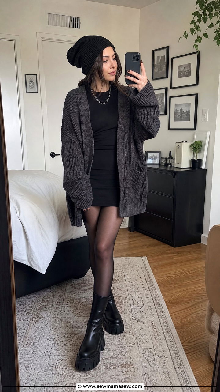 Oversized cardigan with sheer tights - 25 grunge outfits 2026