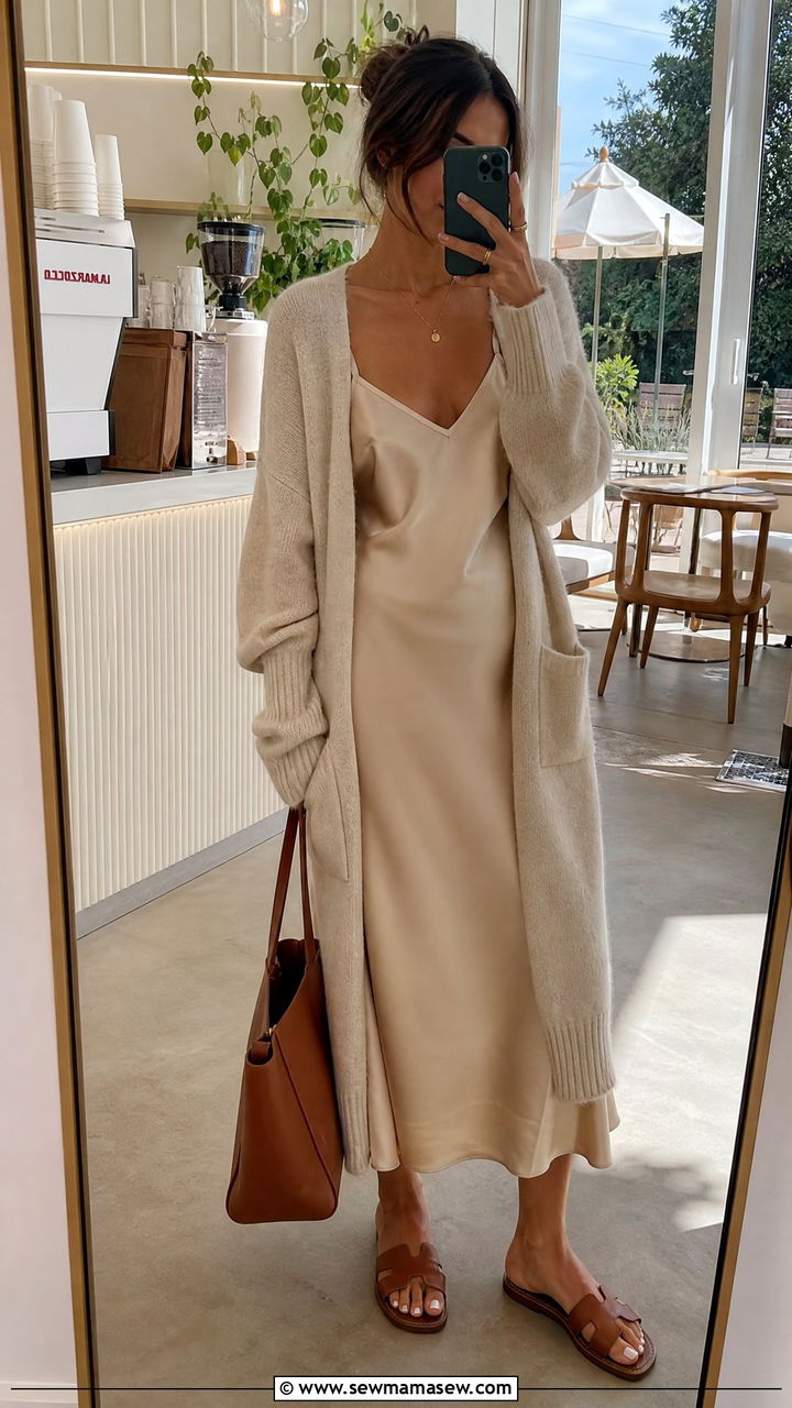 Oversized cardigan with slip dress outfit - 30 Cozy spring outfit ideas 2026