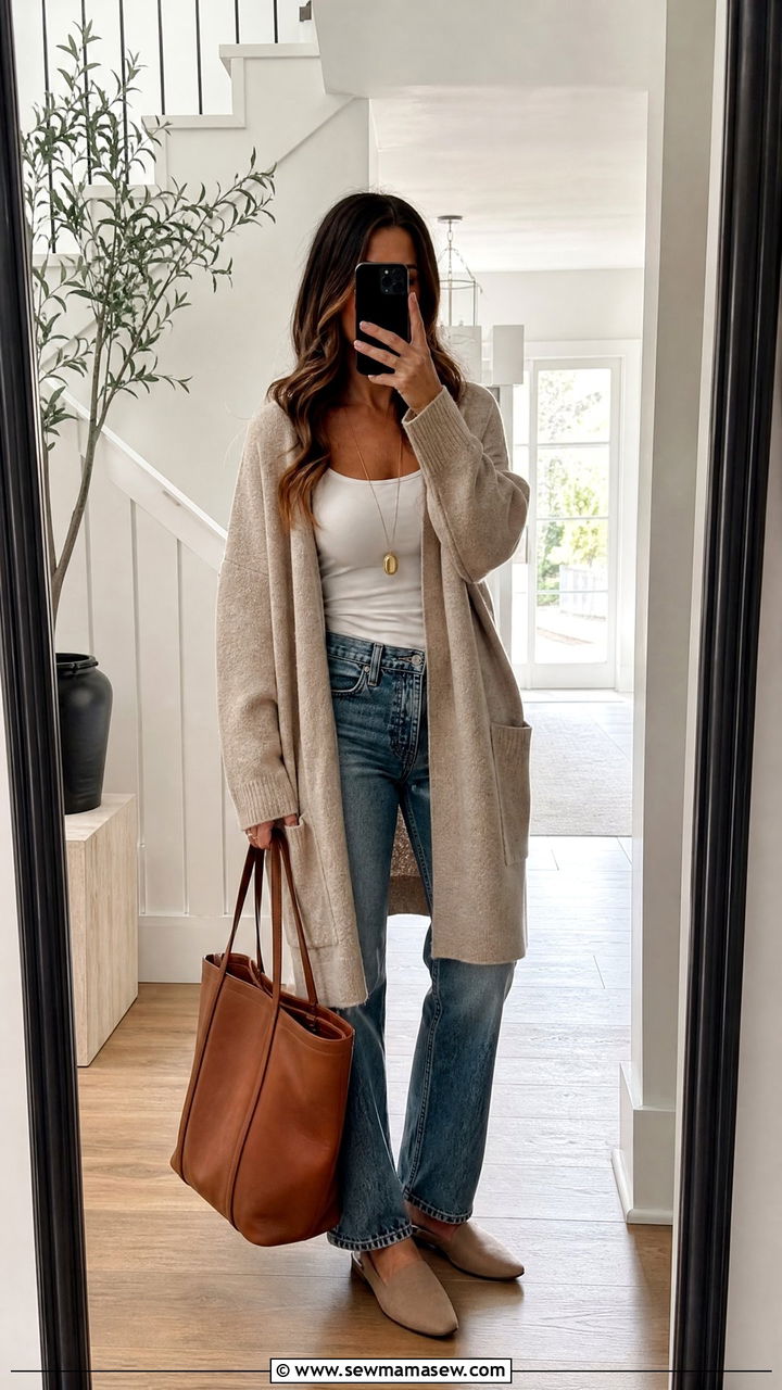 Oversized cardigan with straight leg jeans and mules - 25 Business casual outfits with jeans