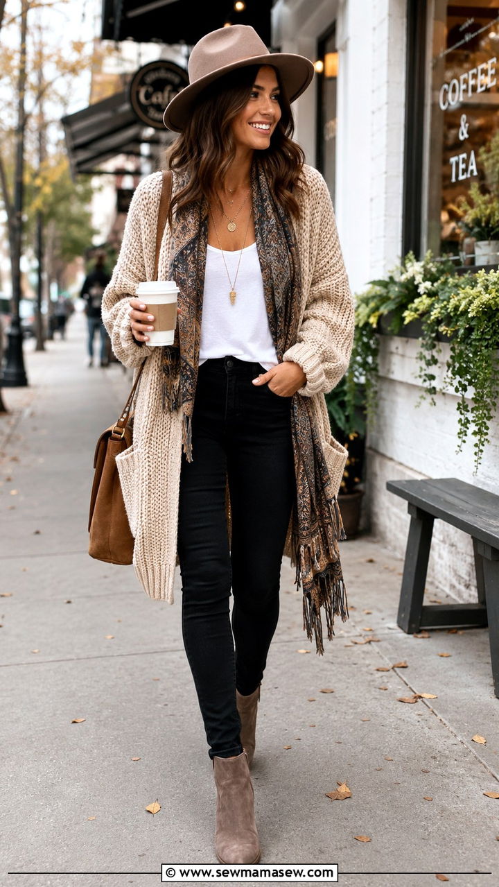 Oversized cardigan with tank and skinny jeans - 25 Boho outfit ideas with jeans
