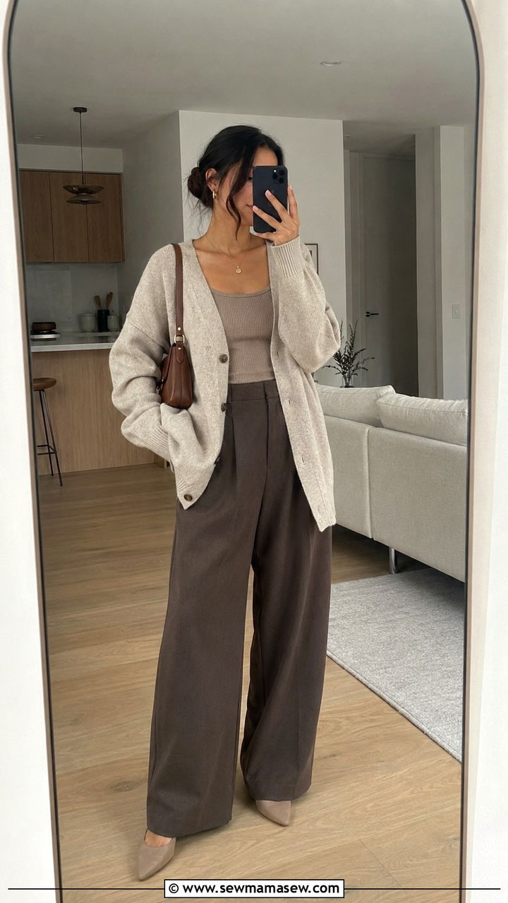 Oversized cardigan with tank top and wide leg trousers - 30 Overcast day outfit ideas