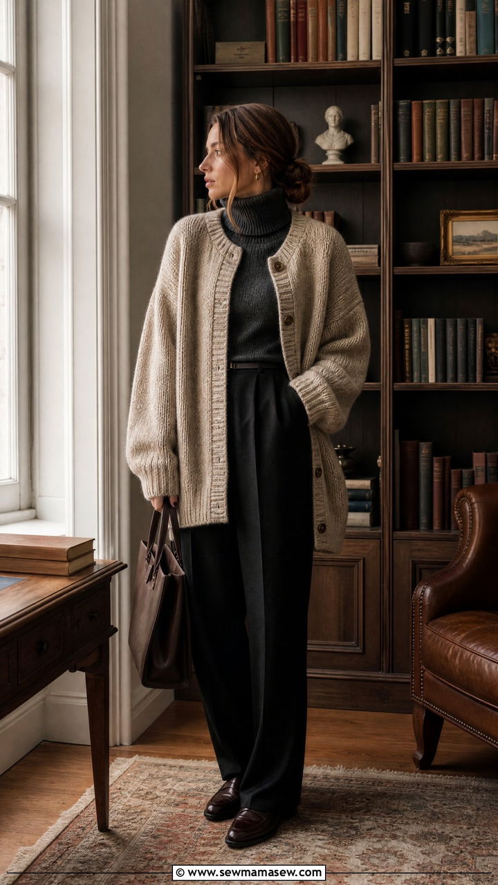 Oversized cardigan with turtleneck and trousers - 25 classy dark academia outfits