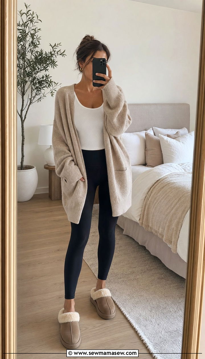 Oversized cashmere cardigan with high waist leggings - 25 Spring at home outfit ideas