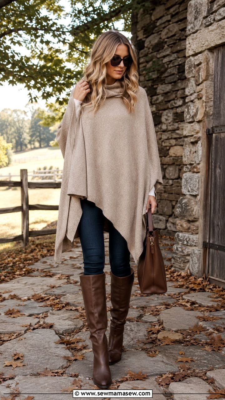 Oversized cashmere poncho with slim jeans outfit - 25 Quiet luxury outfit ideas for women over 40
