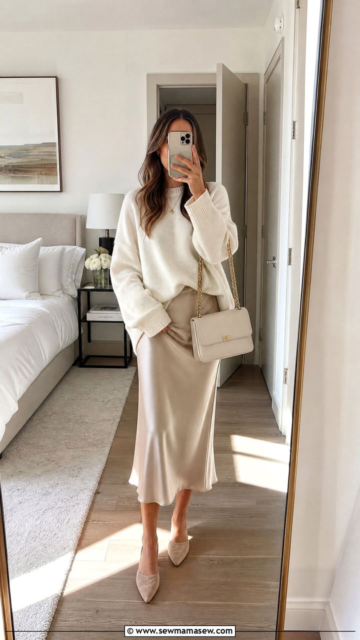 Oversized cashmere sweater with midi slip skirt - 30 Modest capsule wardrobe 2026