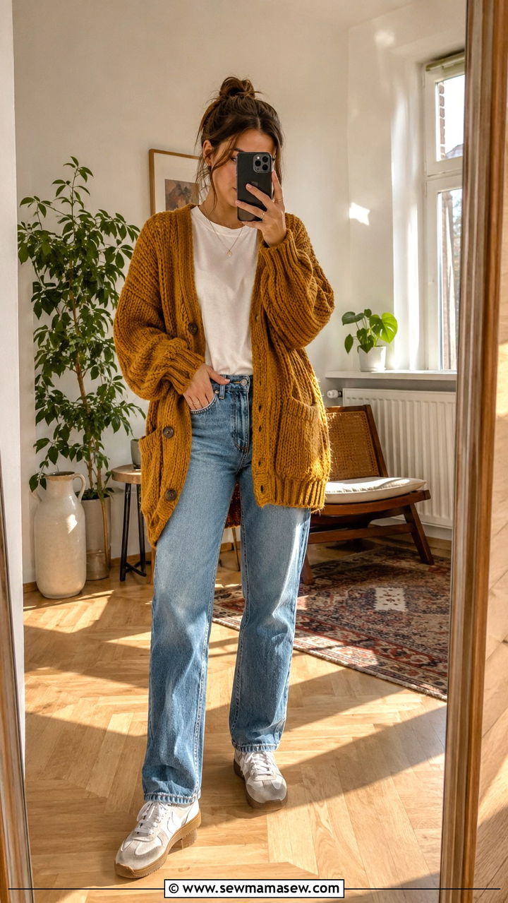 Oversized chunky cardigan with straight leg jeans - 20 Eclectic grandpa outfit ideas 2026