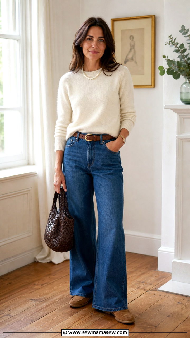 Oversized chunky knit and leather leggings with pearl necklace - 40 Pearl necklace outfit ideas