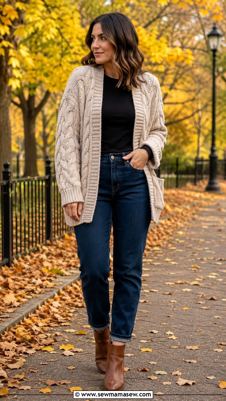 Oversized chunky knit cardigan with mom jeans and ankle boots - 30 Mom jeans outfit ideas with a cardigan