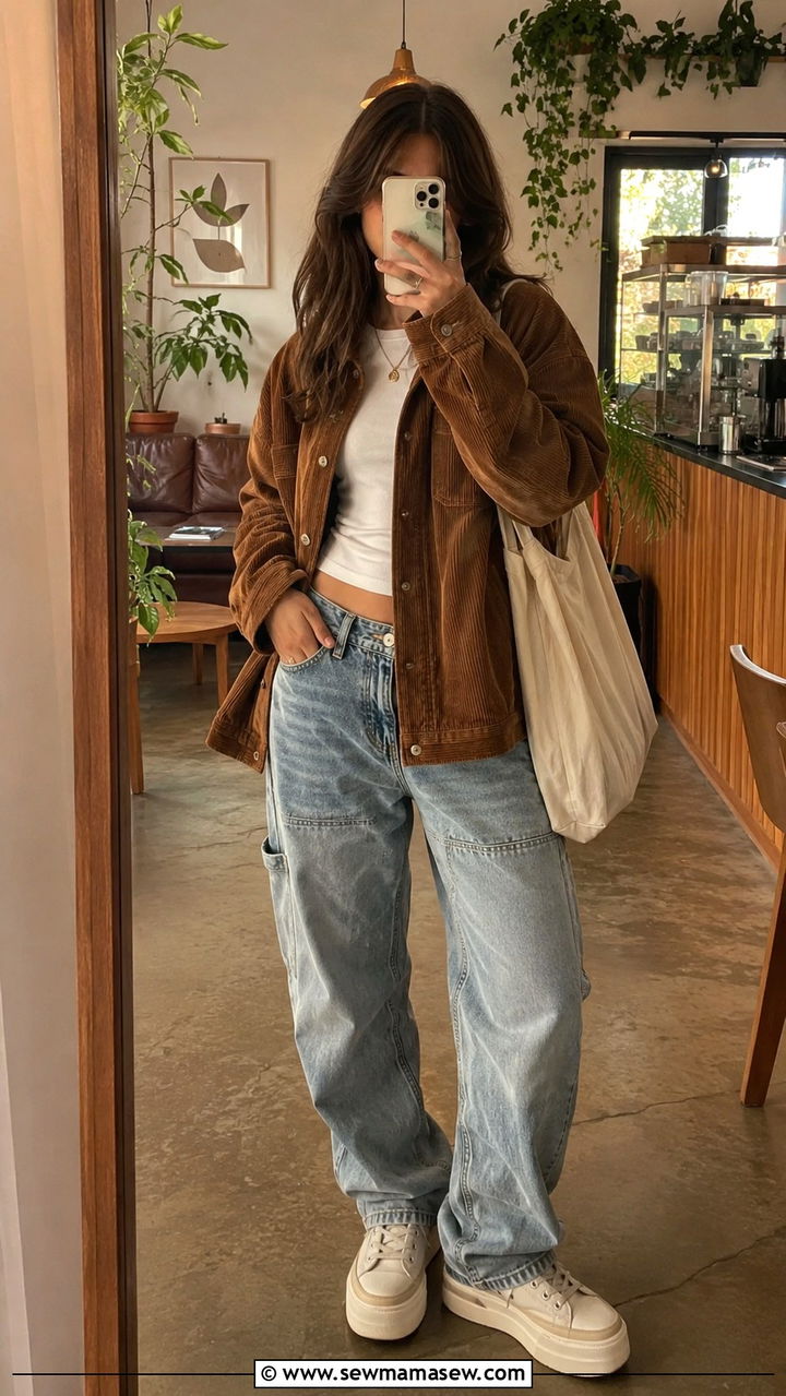 Oversized corduroy jacket with loose carpenter jeans - 30 Indie girl outfit ideas