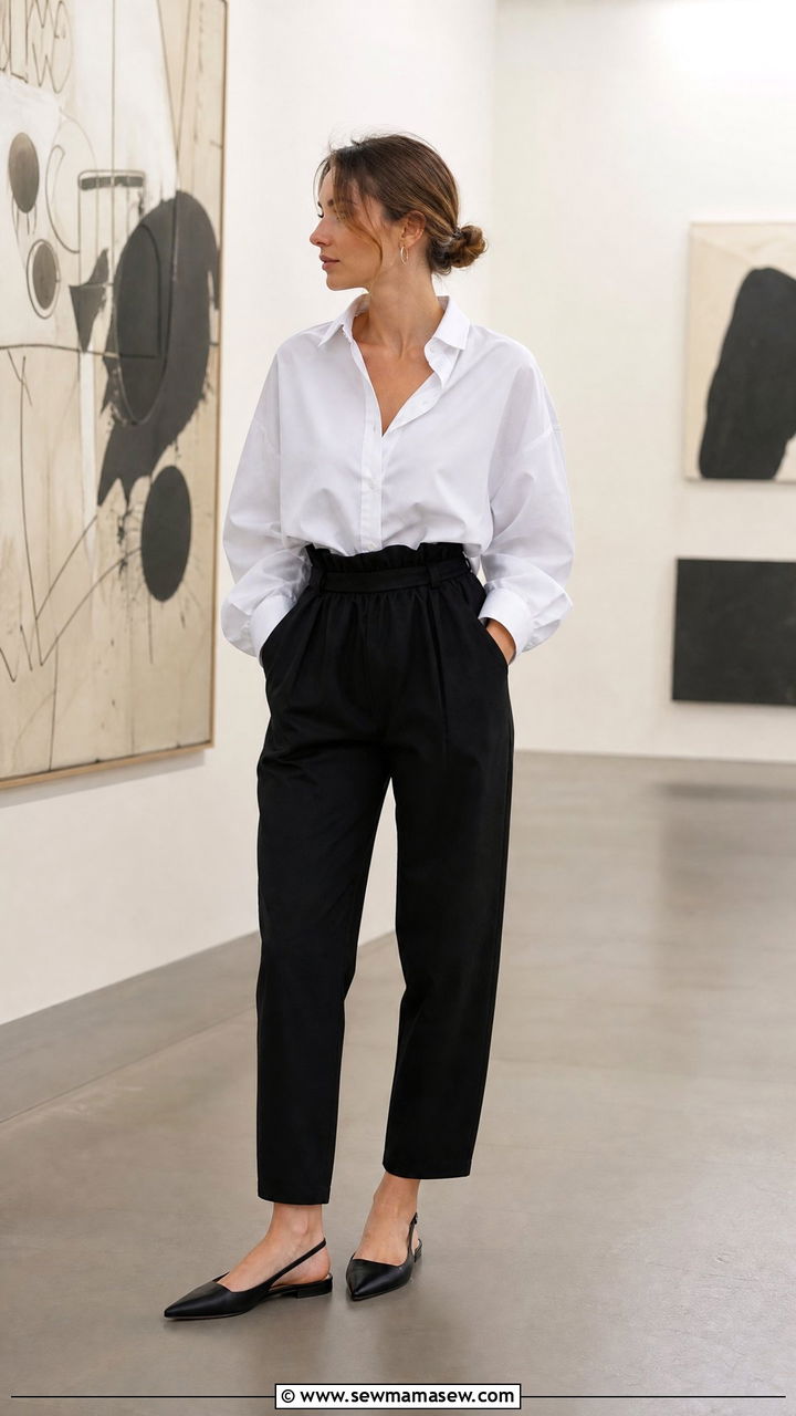 Oversized cotton shirt with paperbag trousers outfit - 30 scandinavian capsule wardrobe outfits