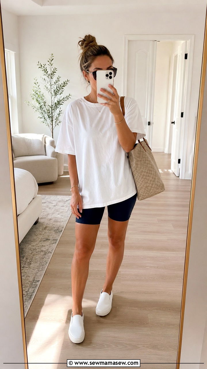 Oversized cotton tee with biker shorts and slip on sneakers - 30 Postpartum outfit ideas summer