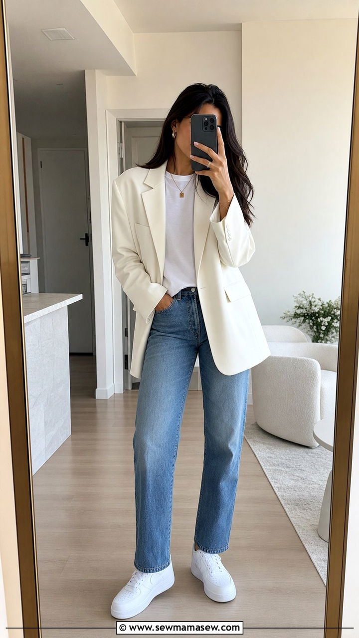 Oversized cream blazer and straight leg blue jeans - 25 cute clean girl outfits