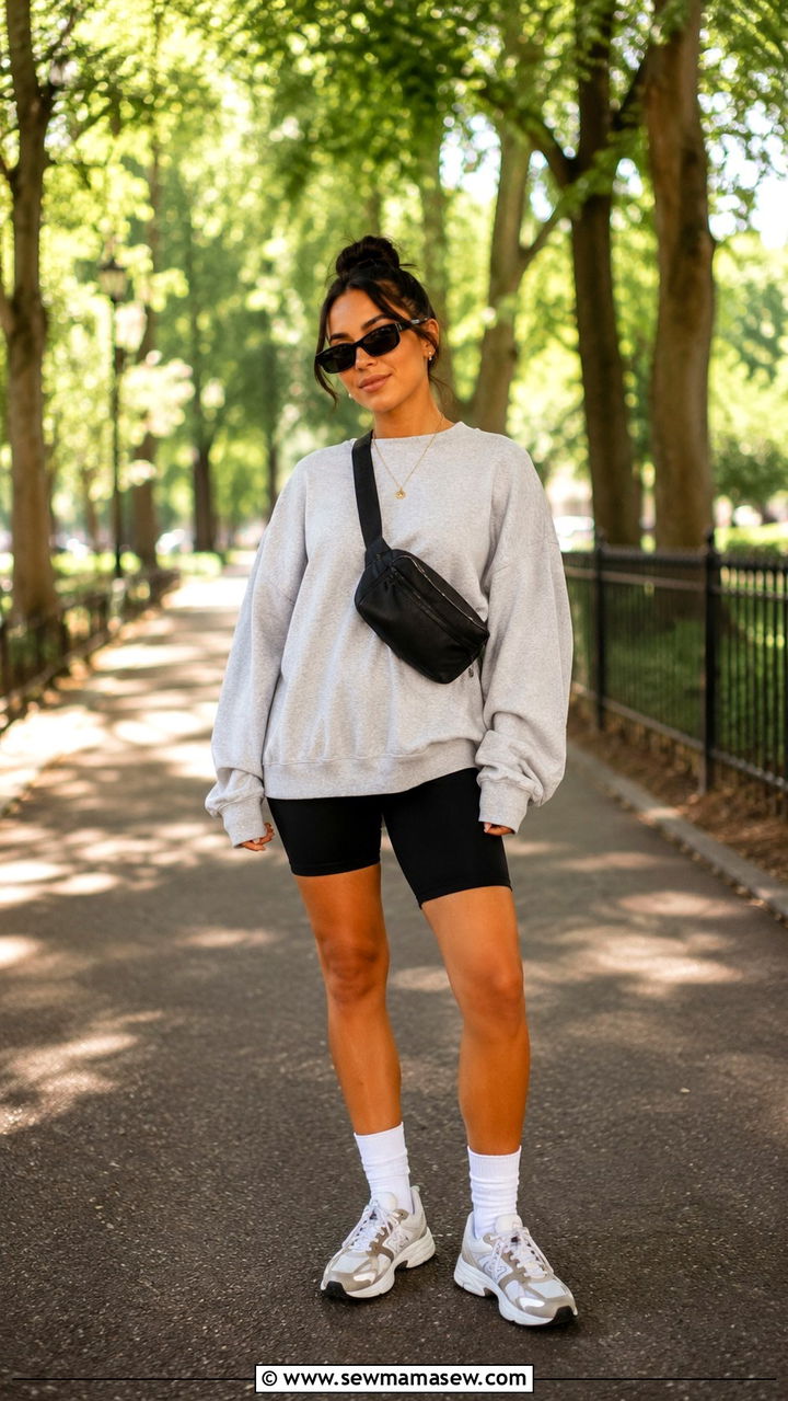 Oversized crewneck sweatshirt with bike shorts and crew socks with sneakers - 25 Petite outfit ideas for moms
