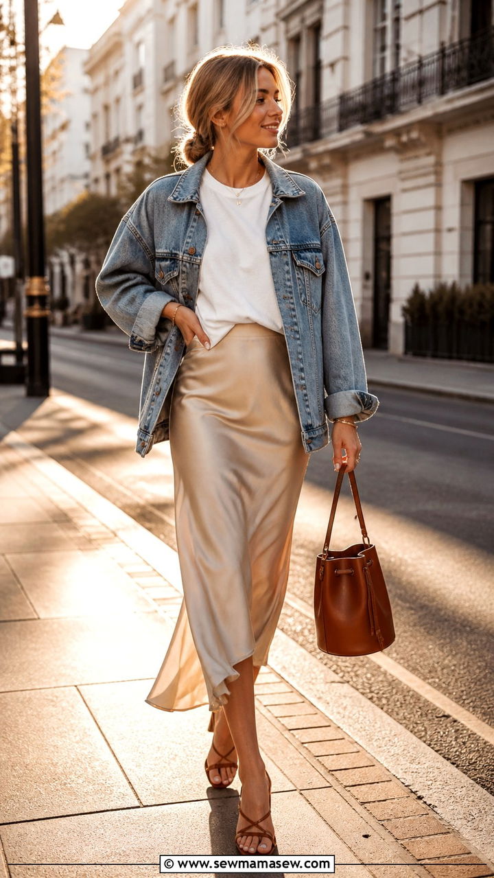 Oversized denim jacket and a silk slip skirt - 40 Spring shopping outfit ideas