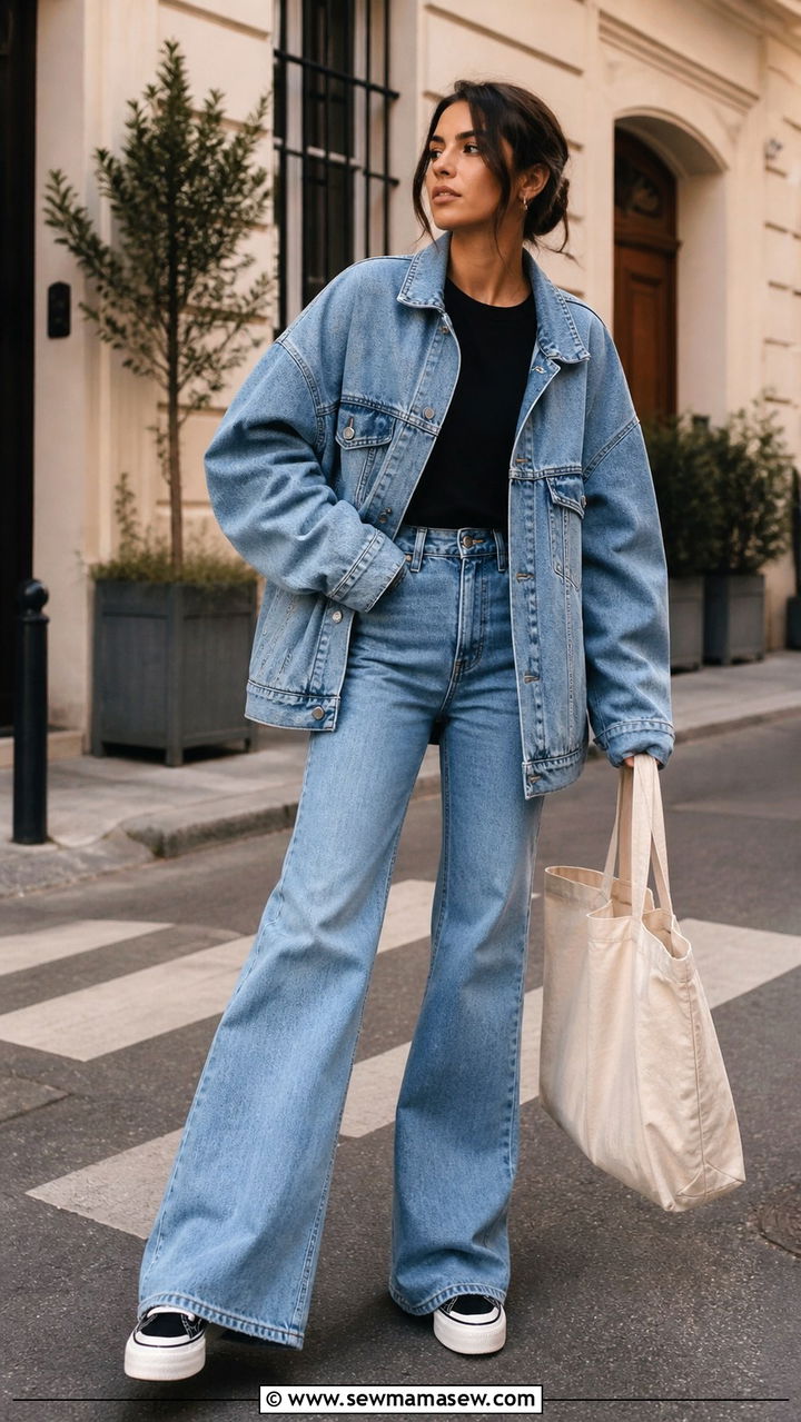 Oversized denim jacket and flared jeans - 40 Denim on denim outfit ideas