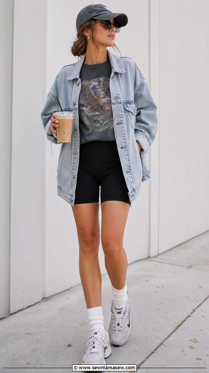 Oversized denim jacket with biker shorts - 30 summer denim jacket outfit ideas