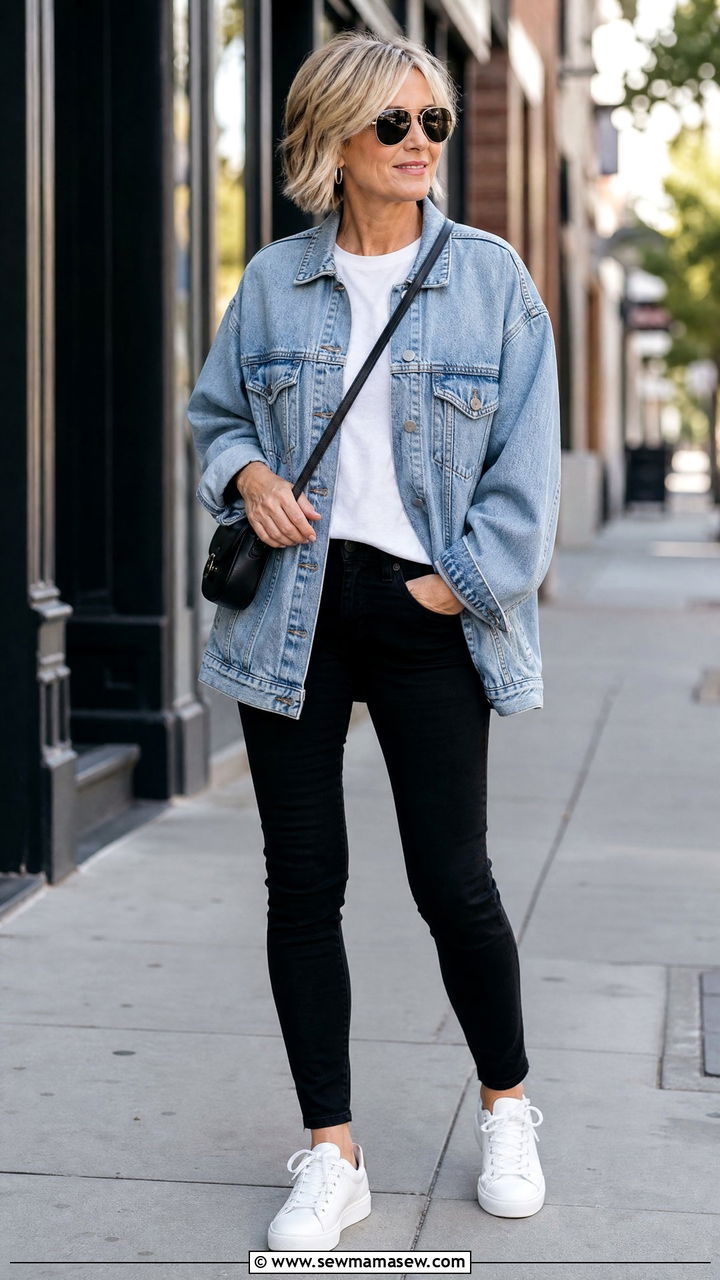 Oversized denim jacket with black skinny jeans - 25 How to style a denim jacket over 50