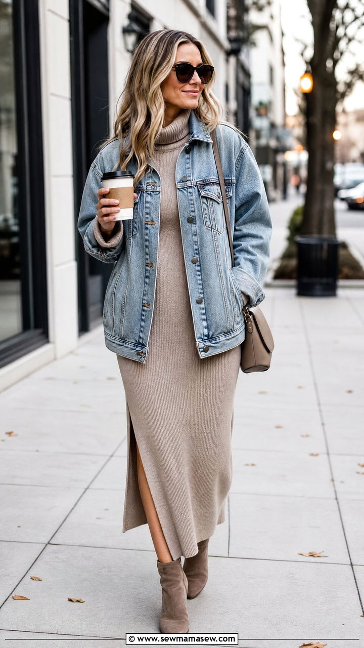 Oversized denim jacket with knit maxi dress and ankle boots - 30 Maxi dress outfit ideas with a jacket