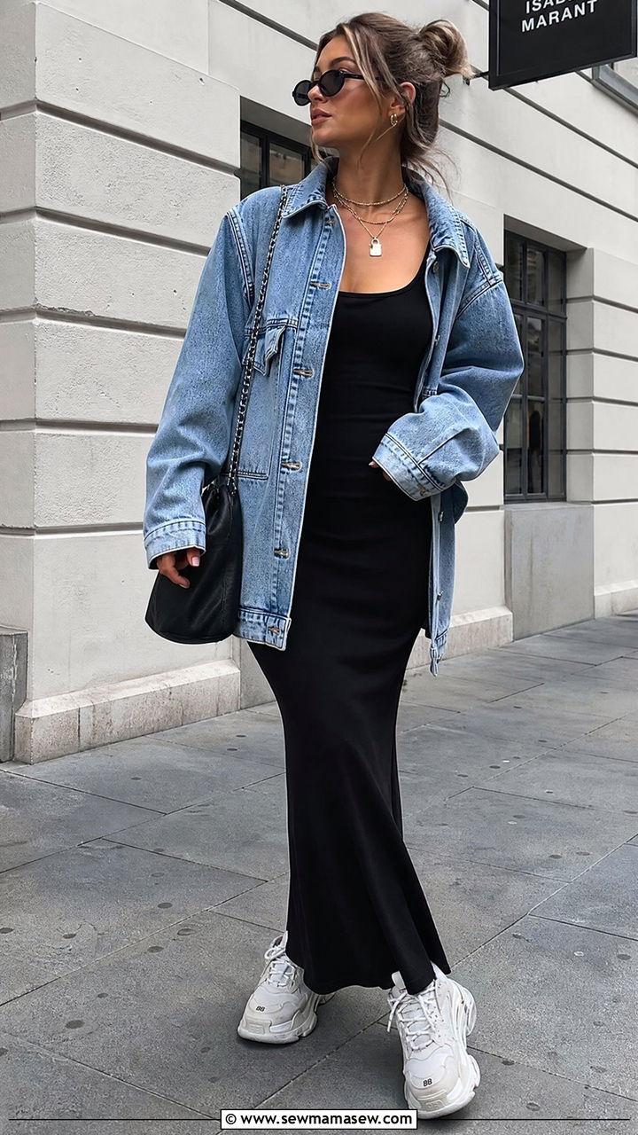 Oversized denim jacket with maxi dress outfit - 30 Maxi dress outfit ideas with a denim jacket