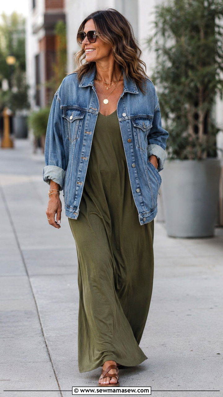 Oversized denim jacket with maxi dress - 30 How to style a denim jacket over 40